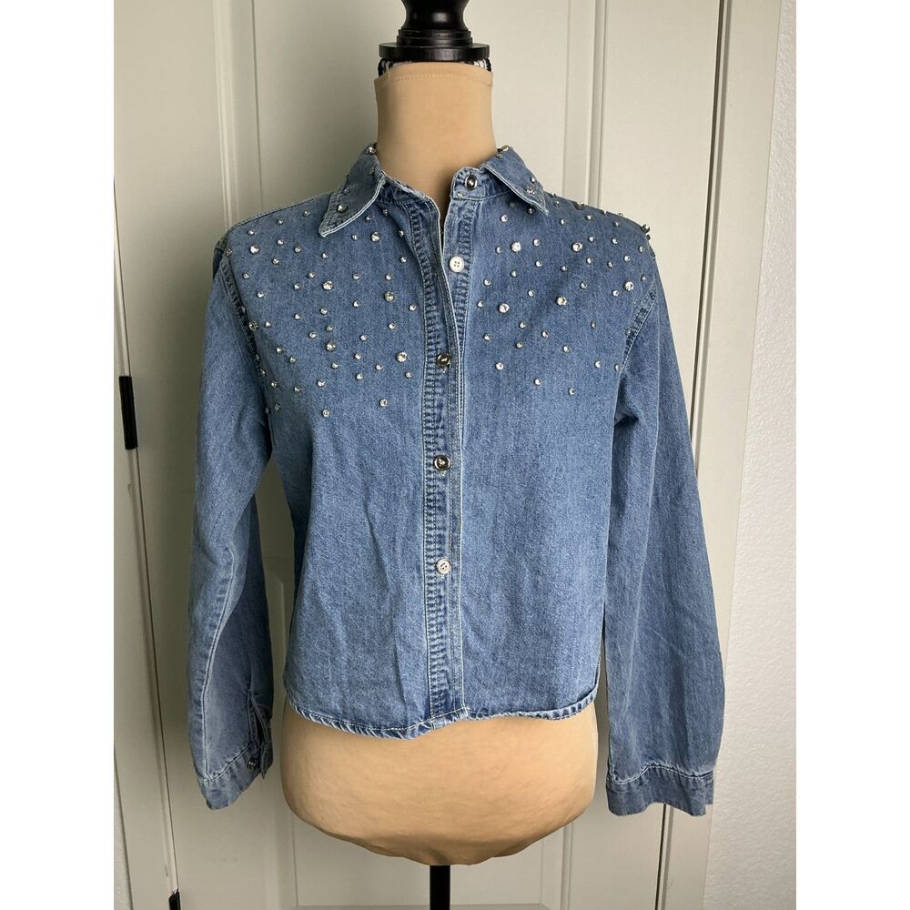 Women’s Rhinestone Denim Shirt Estimated M Cropped High-Low Y2K Bling